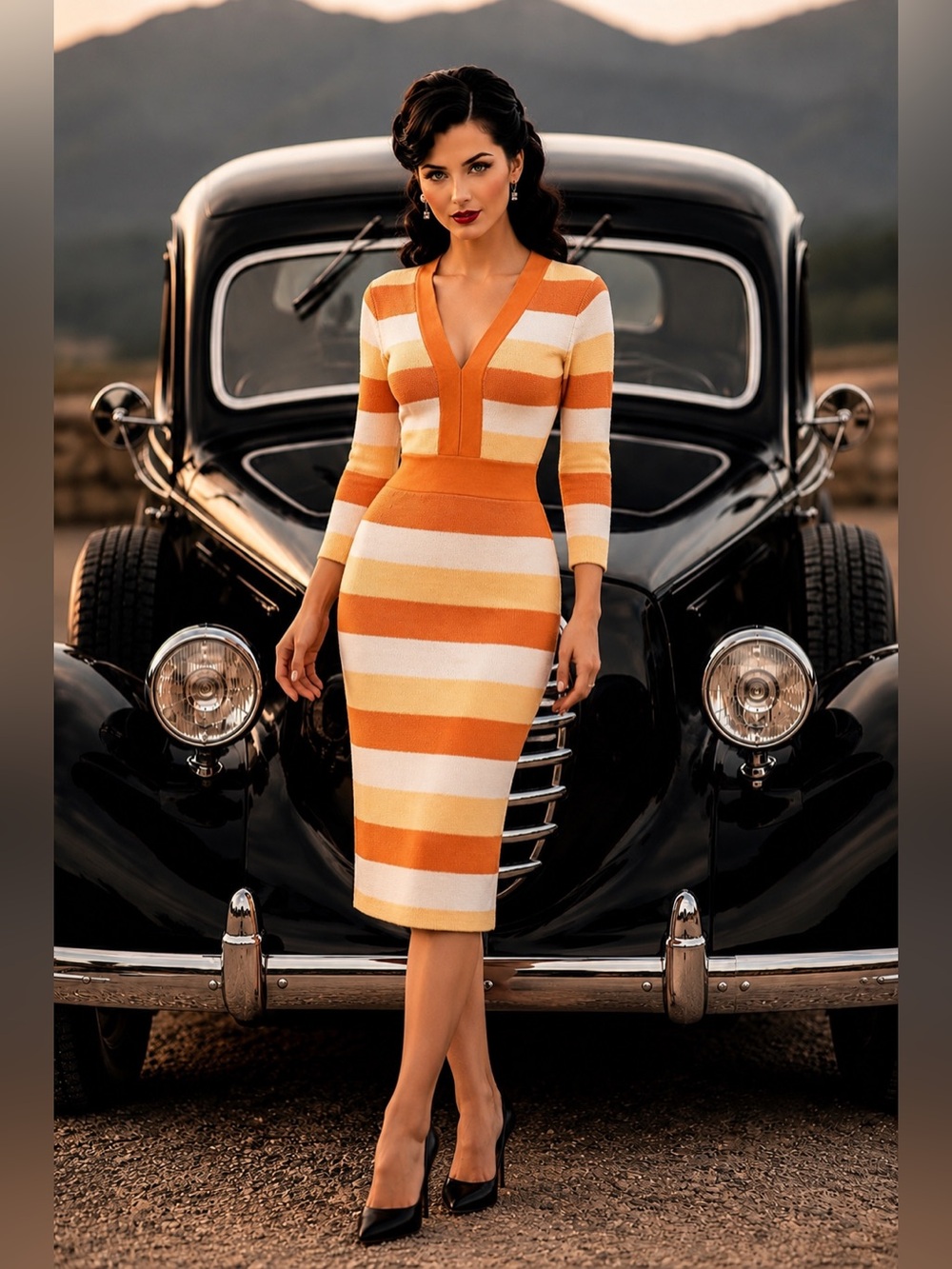 eva mendes for New York & Company Orange, Yellow & Cream Striped Midi Dress